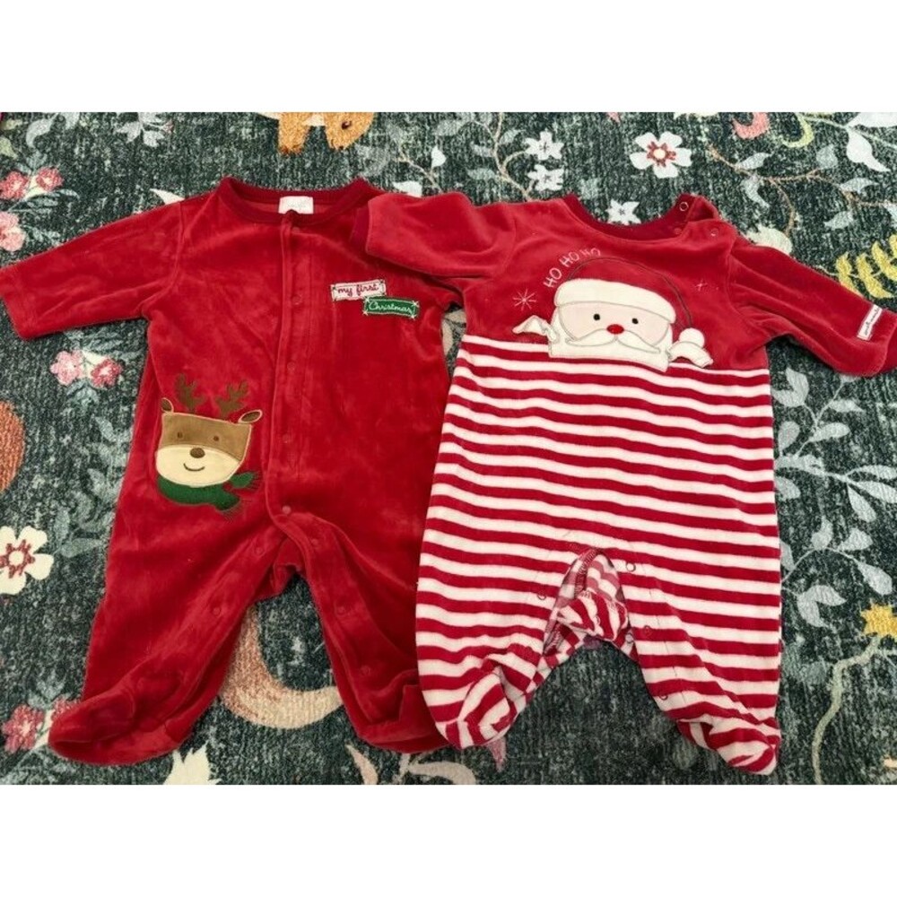 Santa and Reindeer Velvet Onesie Footie Pajamas Christmas